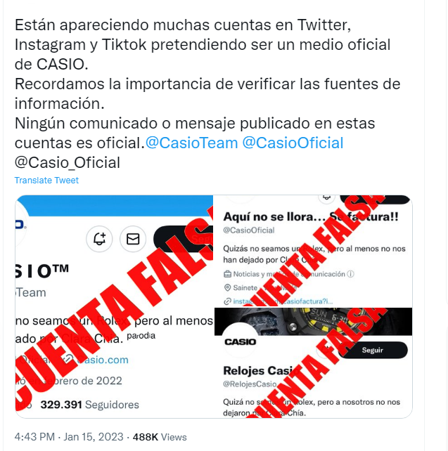 Cuentas falsas de CASIO en Twitter: ejemplo de oportunismo utilizado para el fraude