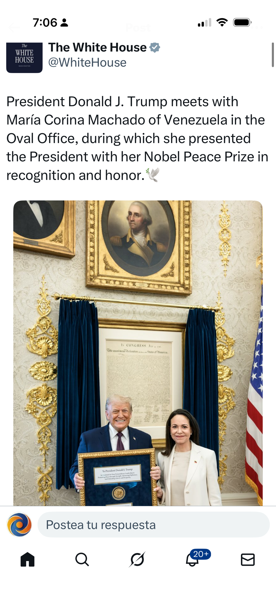 Trump acepta la medalla del Premio Nobel de la Paz del líder de la oposición venezolana Machado