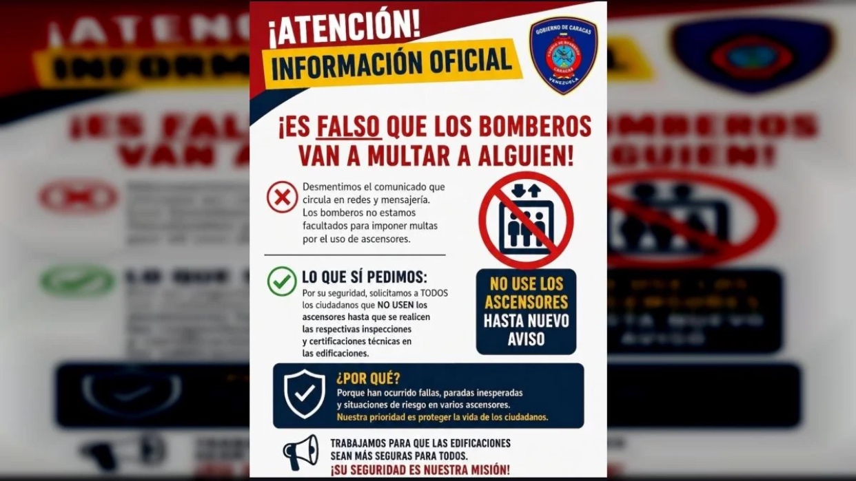 Bomberos de Caracas desmienten aplicación de multas y exhortan a evitar el uso de ascensores sin certificación técnica
