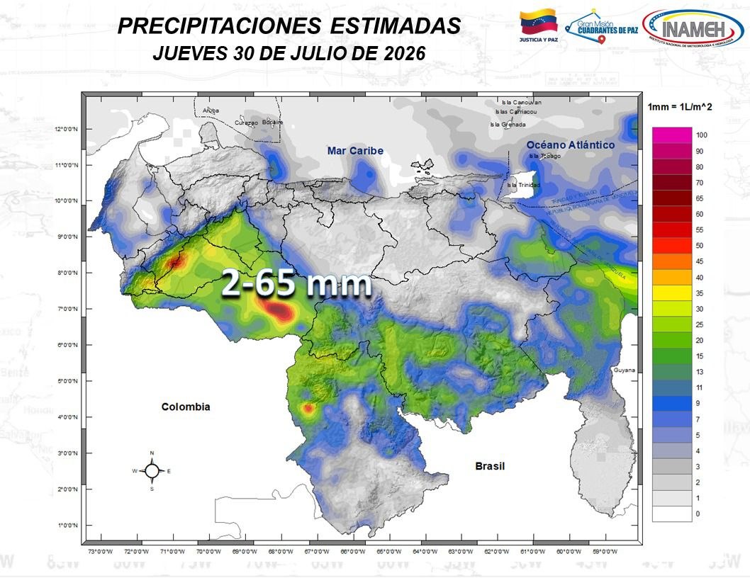 Inameh prevé lluvias y actividad eléctrica en algunos estados de Venezuela este #30Jul