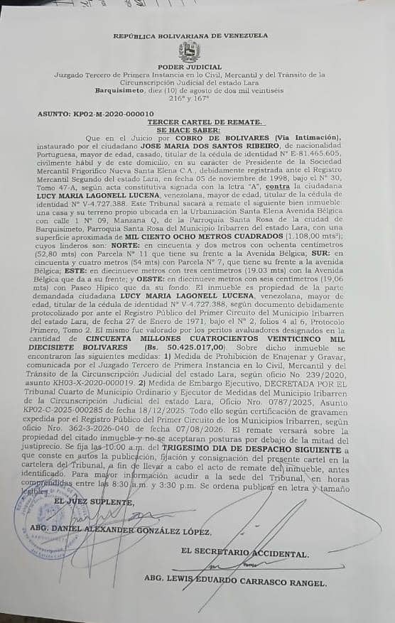 SE HACE SABER: Que en el Juicio por COBRO DE BOLIVARES (Via Intimación), instaurado por el ciudadano JOSE MARIA DOS SANTOS RIBEIRO. Fecha de publicación: 10/08/2026 < El Informador Venezuela