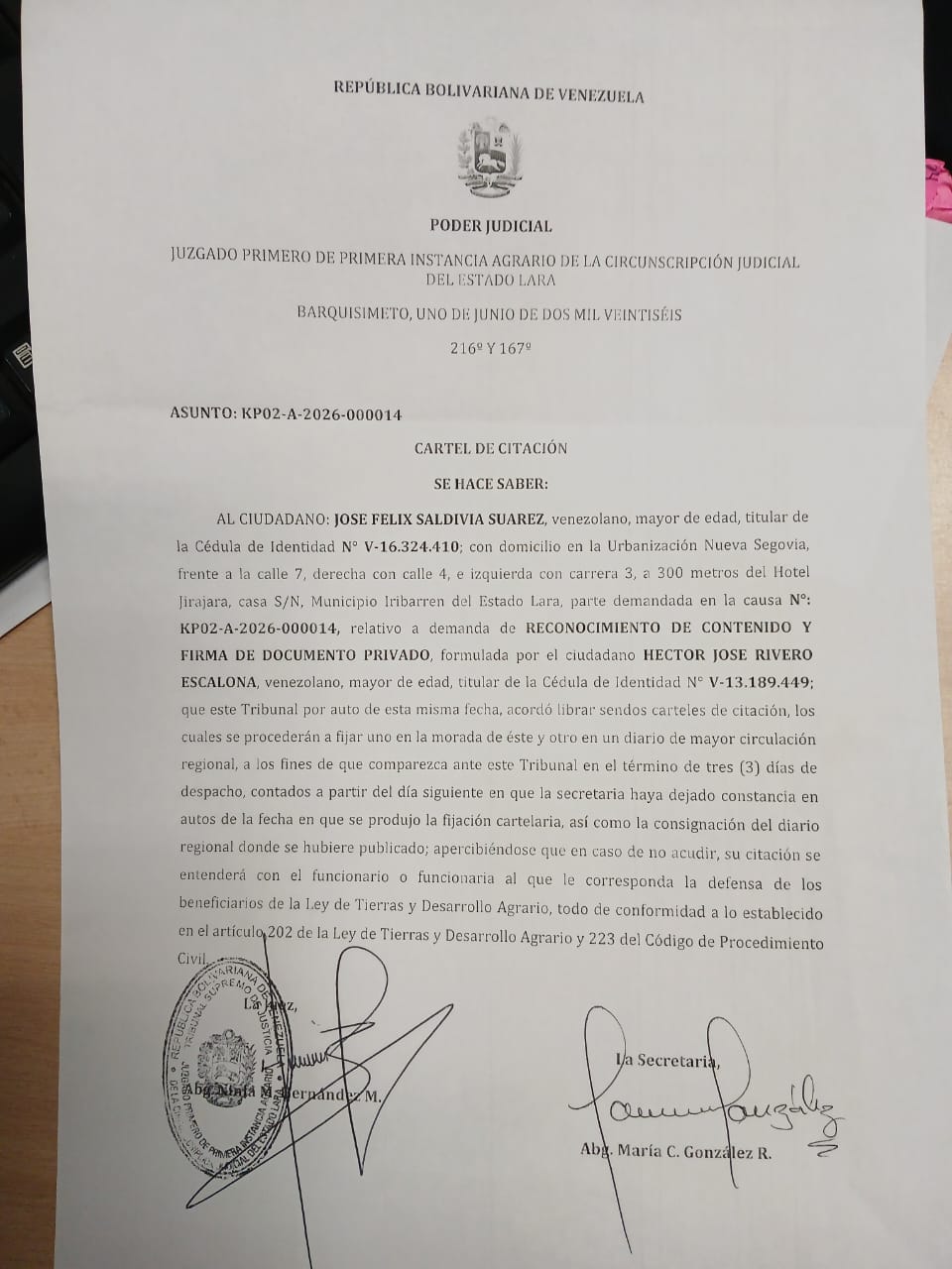 SE HACE SABER: AL CIUDADANO JOSE FELIX SALDIVIA SUAREZ, venezolano, mayor de edad, titular de la Cédula de Identidad Nº V-16.324.410. Fecha de publicación: 11/08/2026 < El Informador Venezuela