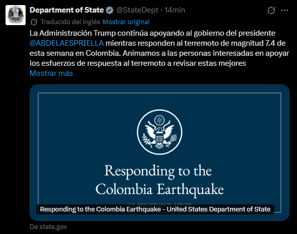 EE. UU. despliega ayuda y equipos de rescate tras terremoto en Colombia
