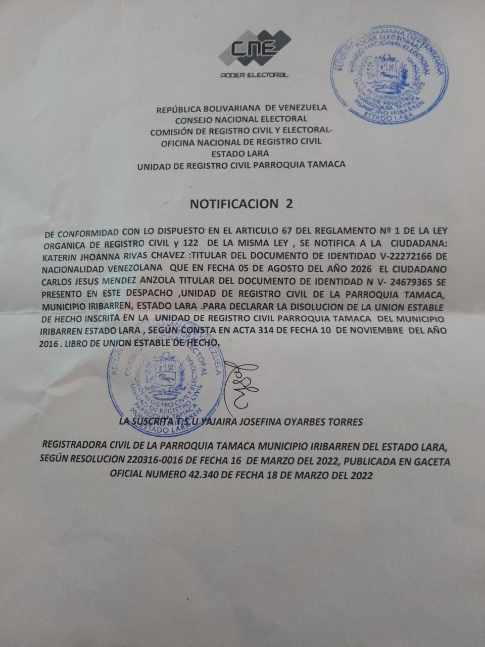 NOTIFICACION 2: A LA CIUDADANA: KATERIN JHOANNA RIVAS CHAVEZ C.I. V-22.272.166. PARA DECLARAR LA DISOLUCION DE LA UNIÓN ESTABLE DE HECHO. Fecha de publicación: 17/08/2026 < El Informador Venezuela