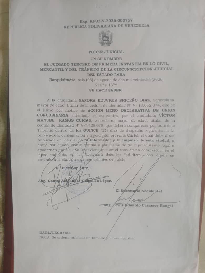 SE HACE SABER: A la ciudadana SANDRA EDUVIGIS BRICEÑO DIAZ, venezolana, mayor de edad, C.I. N° V- 13.652.074. Fecha de publicación: 17/08/2026 < El Informador Venezuela