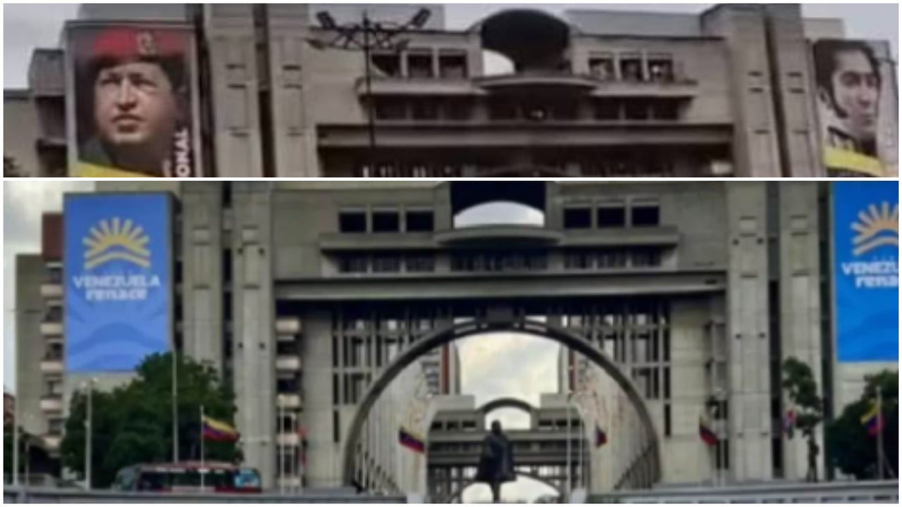 Retiran gigantografía de Hugo Chávez y representación digital del rostro de Simón Bolívar del Palacio de Justicia | NTN24.COM