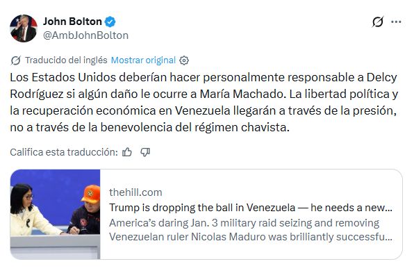 John Bolton destroza el “pacto” de Trump y Rubio con Delcy Rodríguez