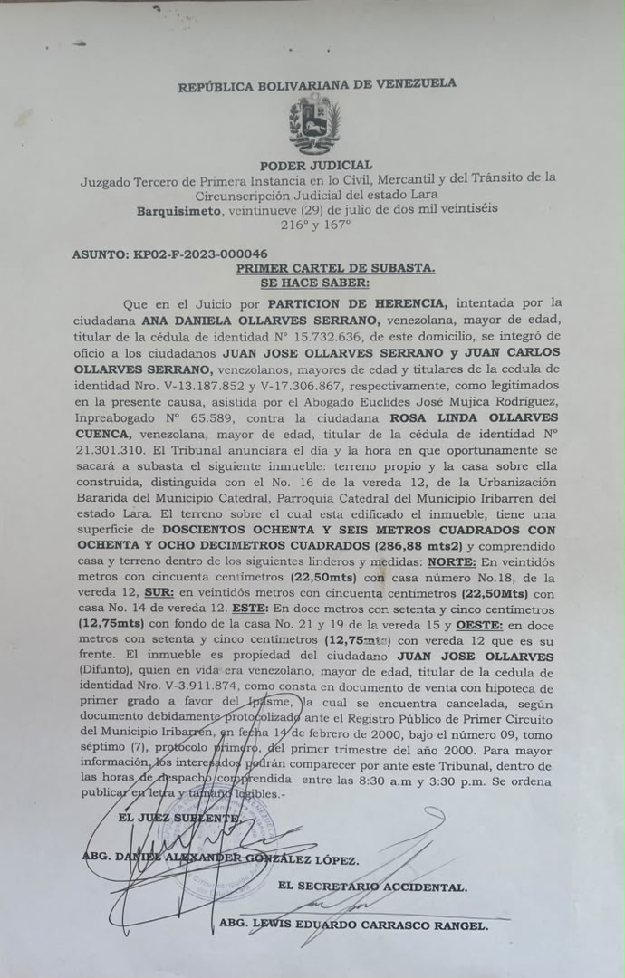 SE HACE SABER: Que en el Juicio por PARTICIÓN DE HERENCIA, intentada por la ciudadana ANA DANIELA OLLARVES SERRANO, venezolana, C.I. N° 15.732.636. Fecha de publicación: 17/09/2026 < El Informador Venezuela