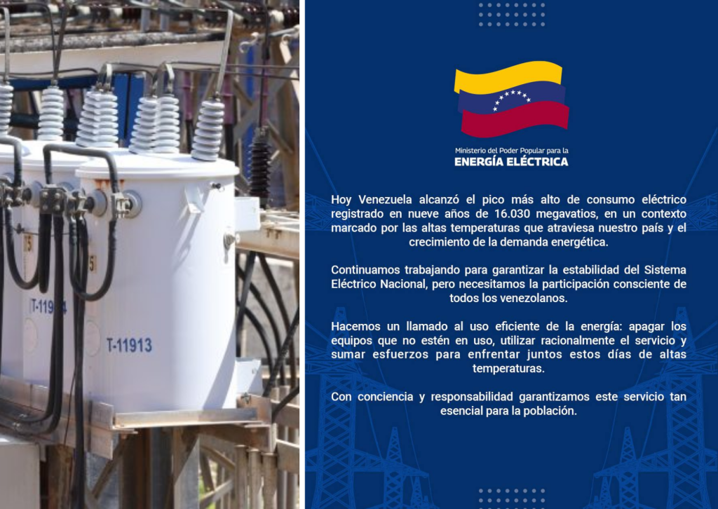 Venezuela registra récord de consumo eléctrico de 16.030 MW por altas temperaturas