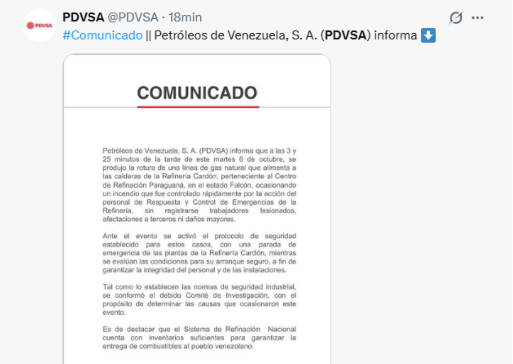 PDVSA controla incendio en la Refinería Cardón tras rotura de línea de gas natural